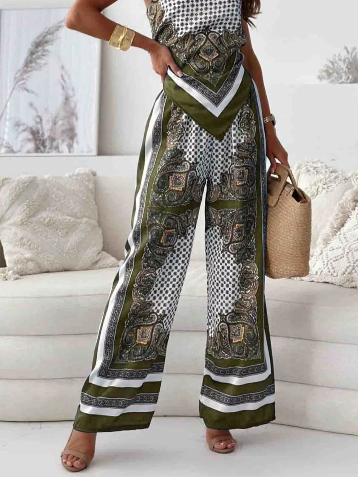 Printed cami and wide-leg pants loungewear set by Plush Fashion Hub, featuring a comfortable camisole and relaxed fit pants.