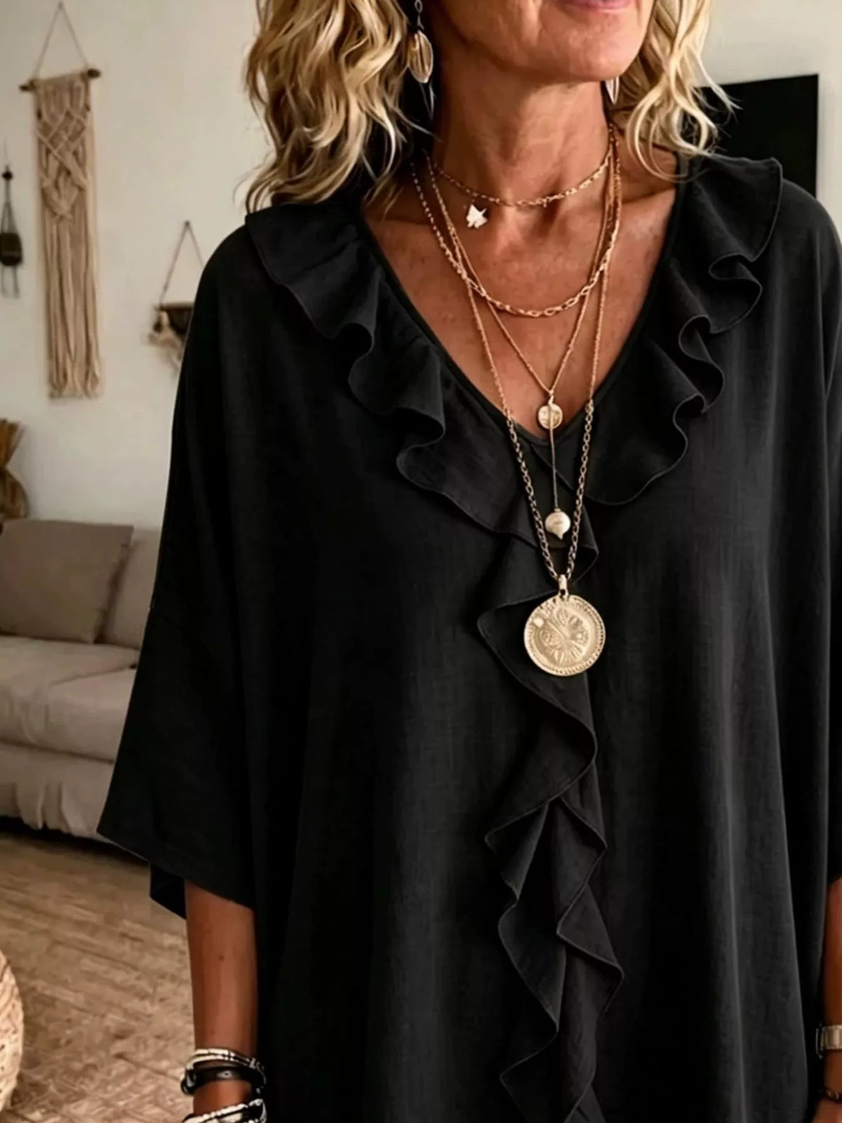 Plus size full ruffle V-neck blouse with 3/4 sleeves by Plush Fashion Hub, featuring a flowy fit and feminine ruffle details.