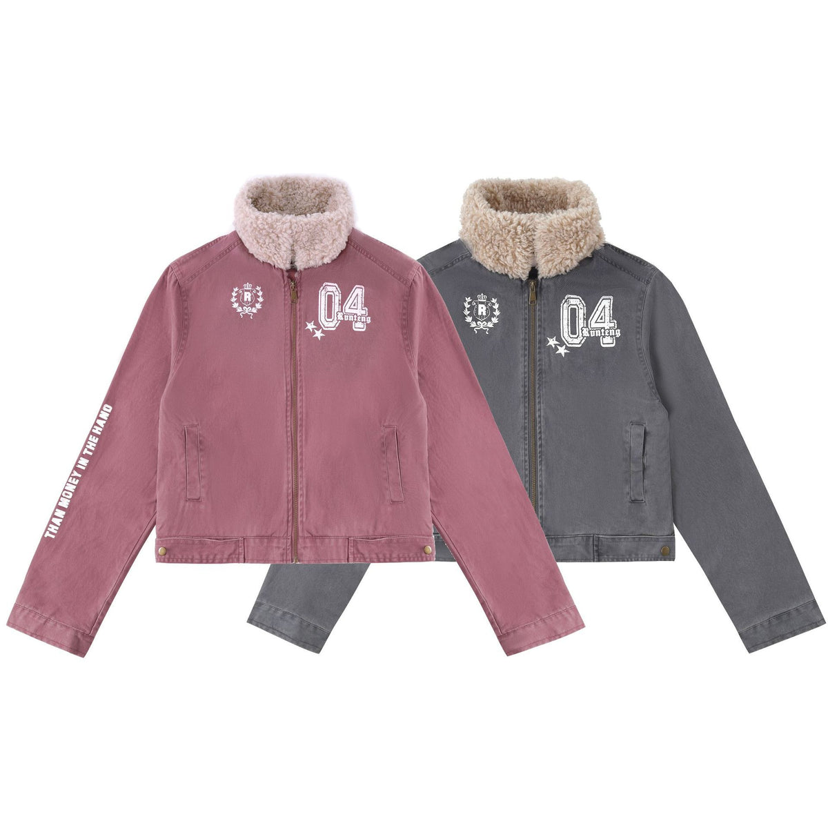 Two short sherpa-collared moto jackets in pink and dark gray with "04" prints, laid flat against a white background.