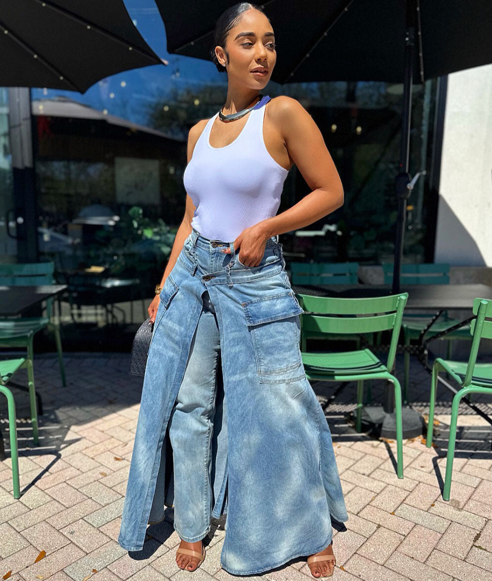 Women’s faux two-piece denim pants skirt with symmetrical slit, street fashion style by Plush Fashion Hub.