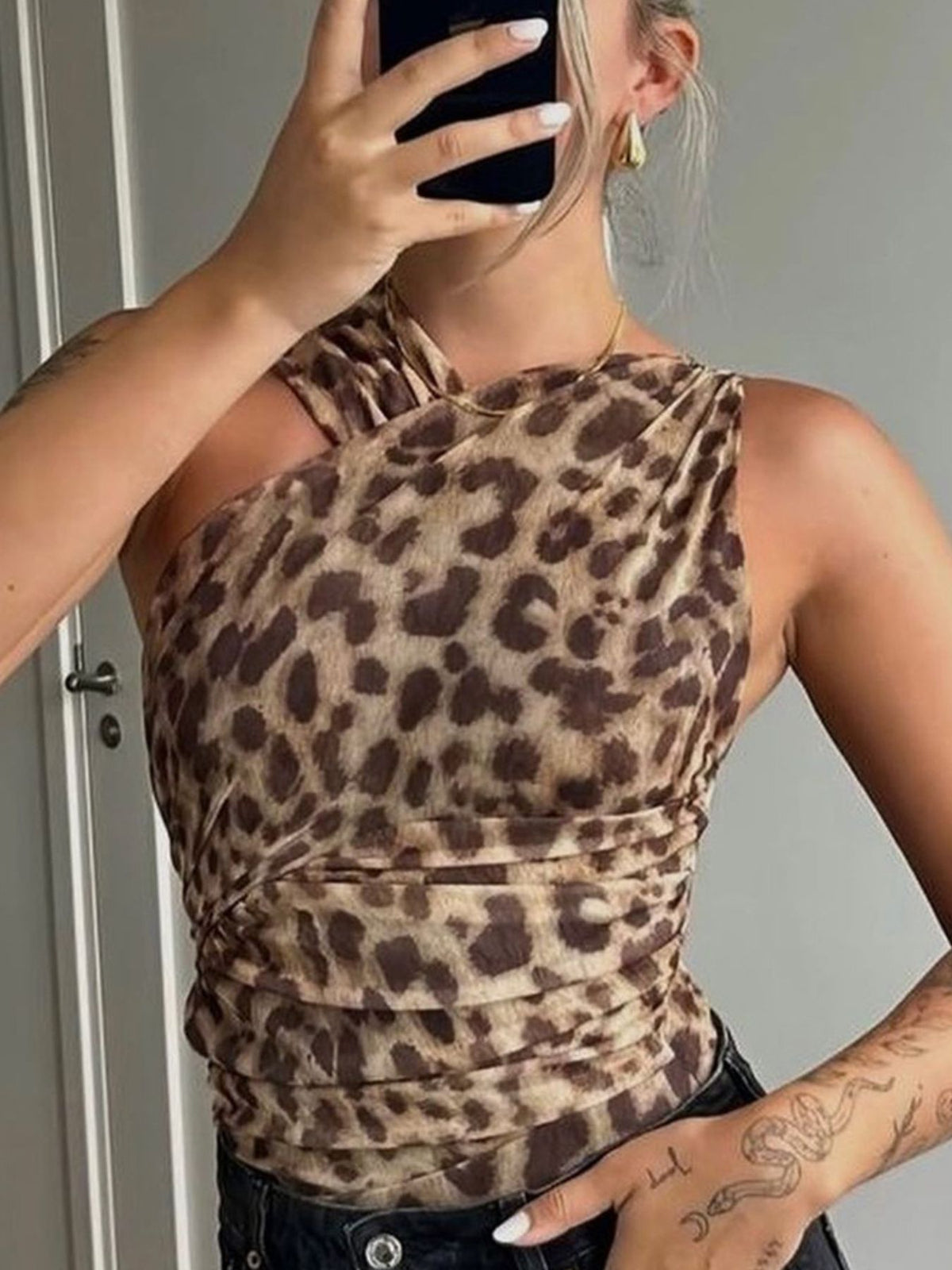 Leopard print asymmetrical ruched bodysuit from Plush Fashion Hub, featuring a fitted design and stylish animal print pattern.