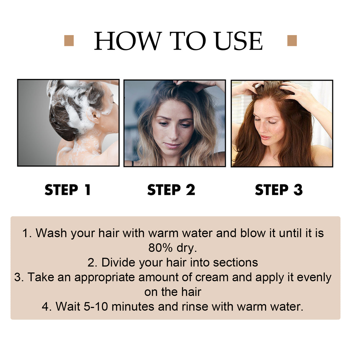 How to use instructions with three illustrated steps: wash and dry, section hair, apply cream.