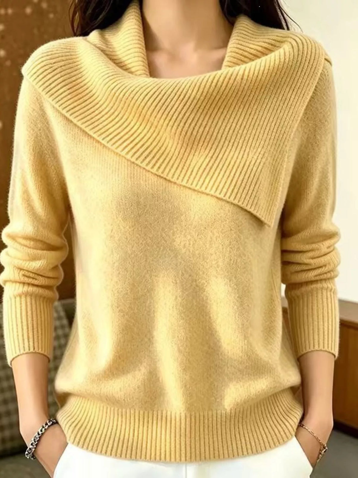 Plus size full-length ribbed collar sweater with asymmetric design by Trendsi, featuring a cozy knit and stylish fit.