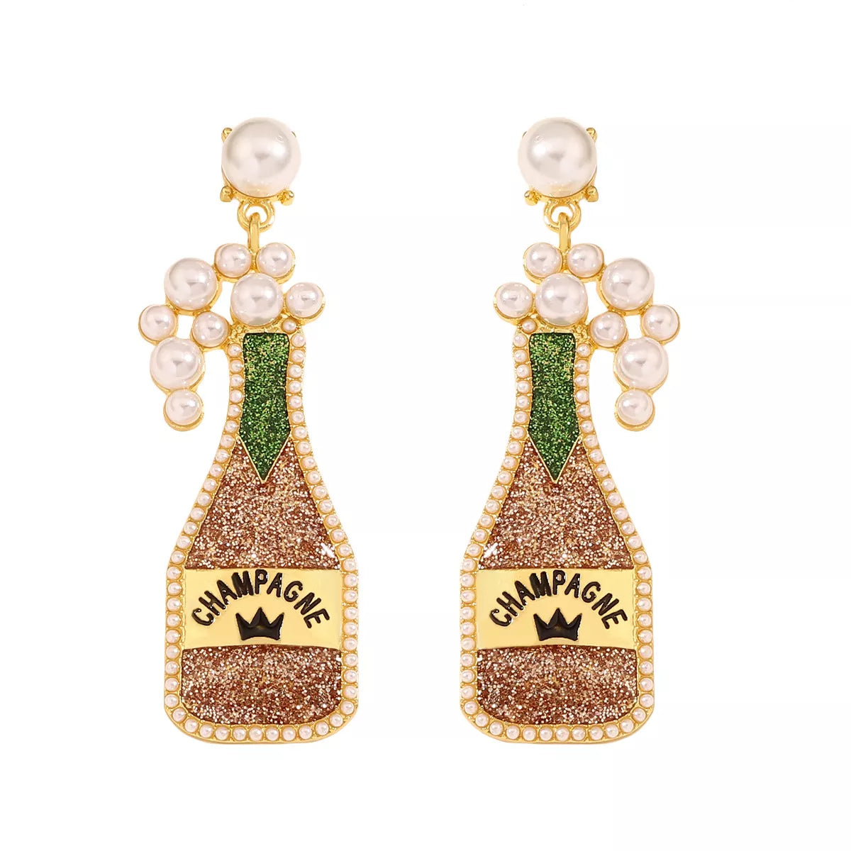 Champagne bottle earrings with pearl accents from Plush Fashion Hub, stylish jewelry featuring playful champagne and pearl design.