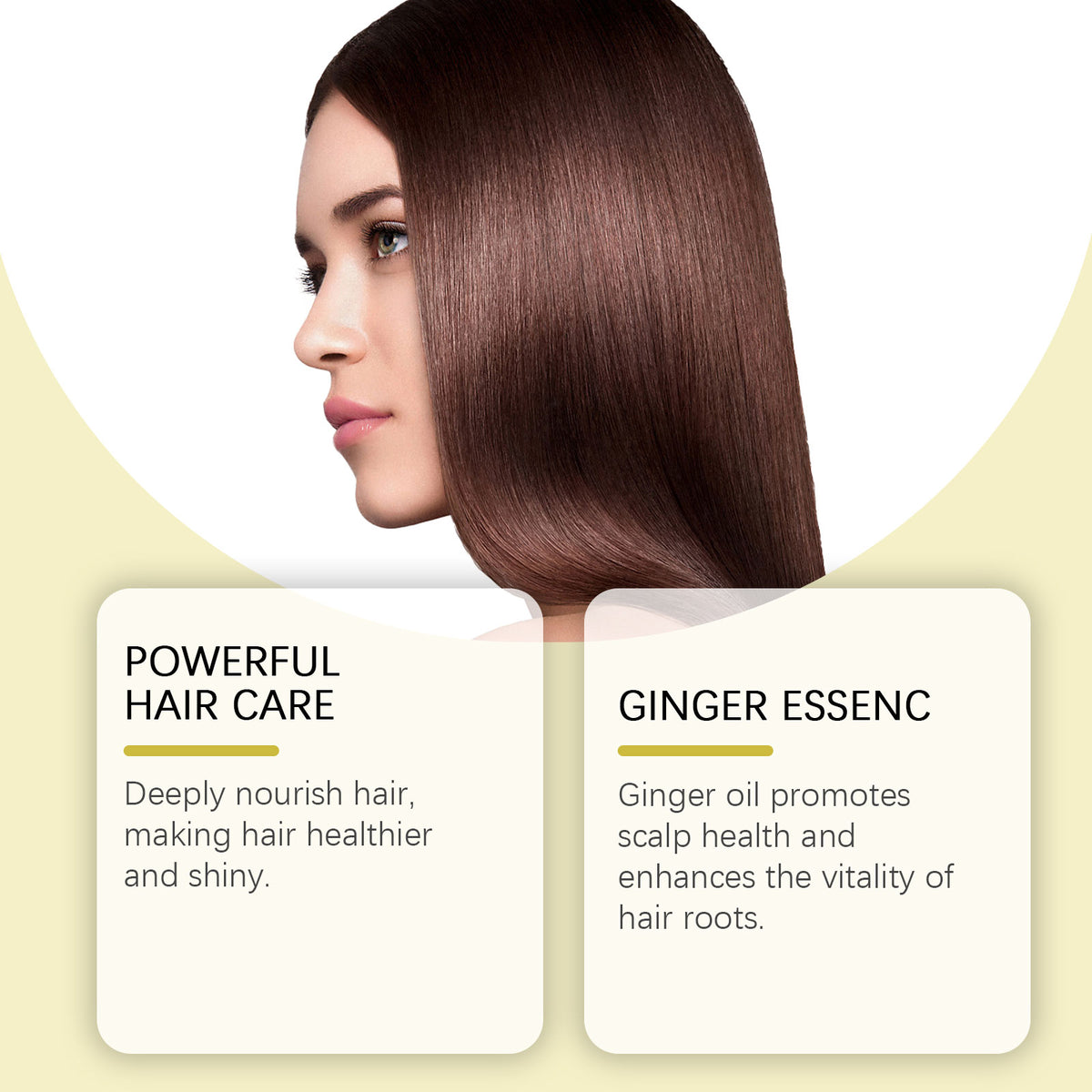 Profile view of a woman with long, shiny, straight dark brown hair, alongside two text boxes about hair care.