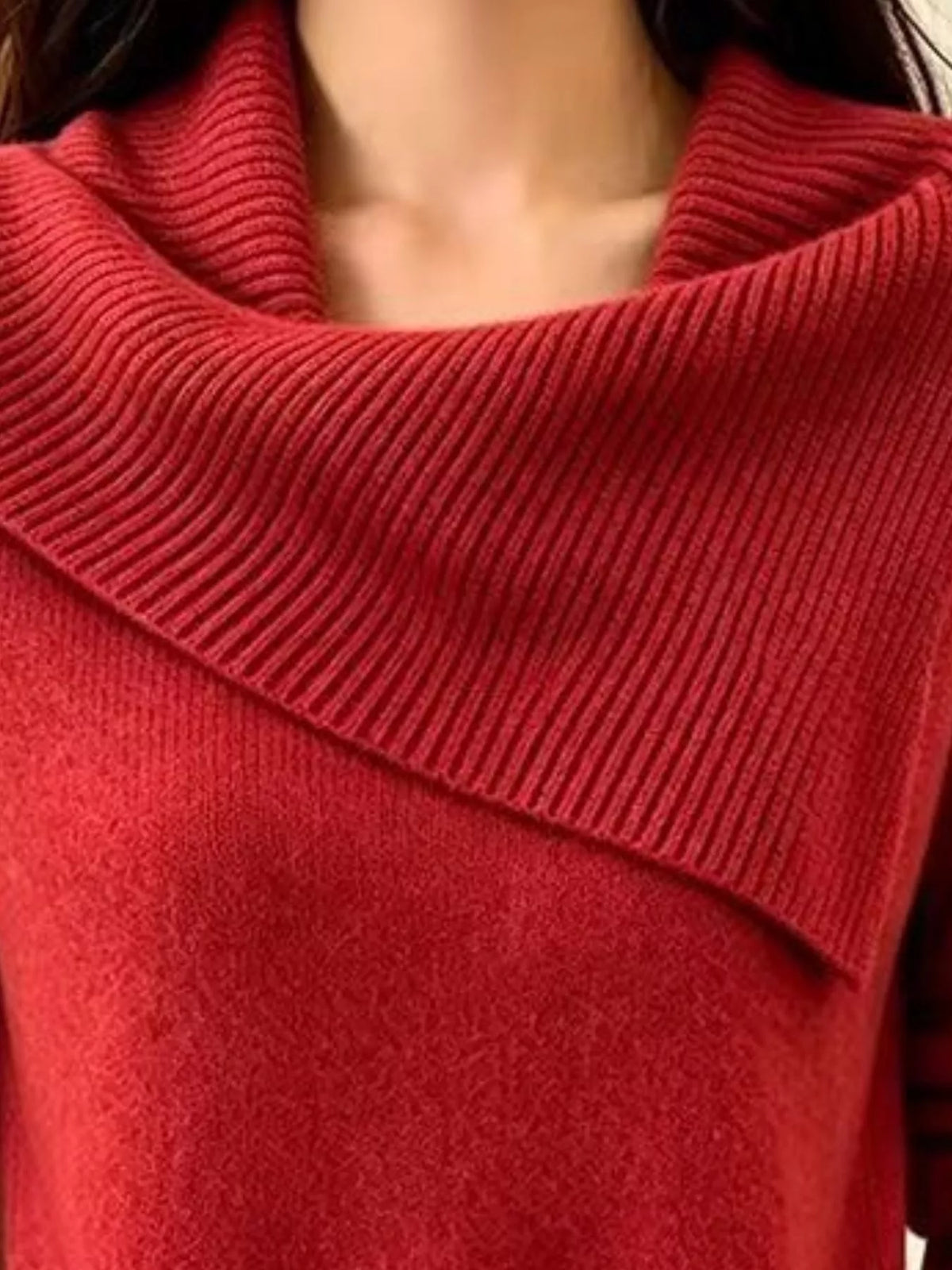 Plus size asymmetric ribbed collar sweater from Trendsi, showing a cozy knit with a stylish collar design.