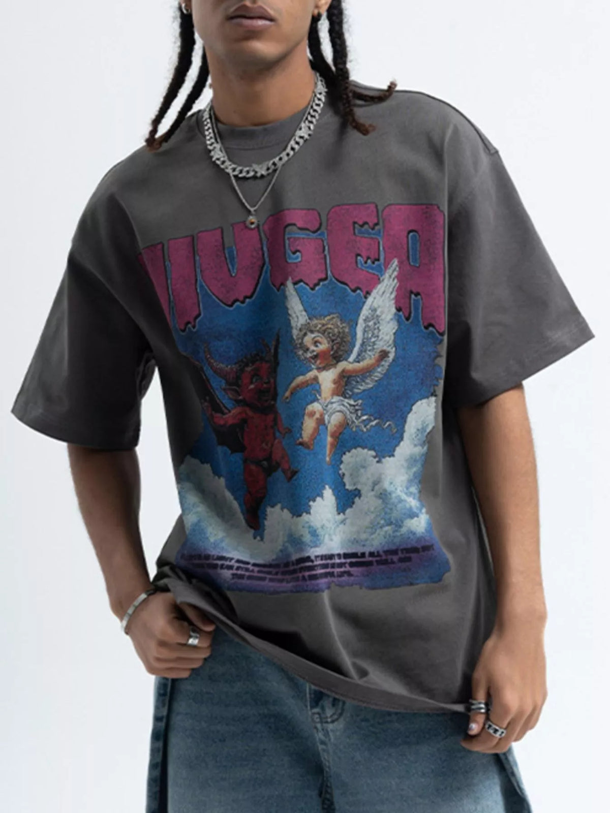 Men's graphic round neck short sleeve T-shirt from Trendsi featuring a stylish design on soft fabric.