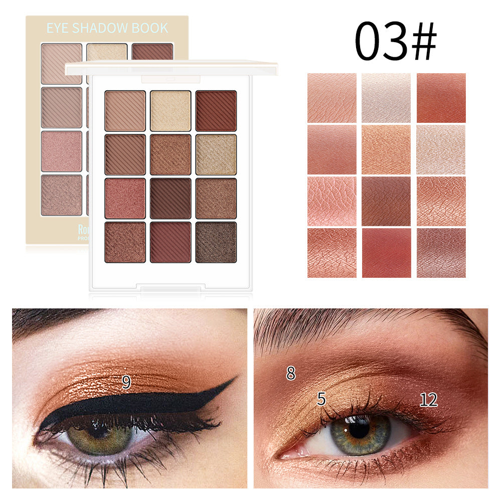 Brown 12-color eyeshadow palette with neutral, matte, and shimmer shades, plus eye makeup swatches.