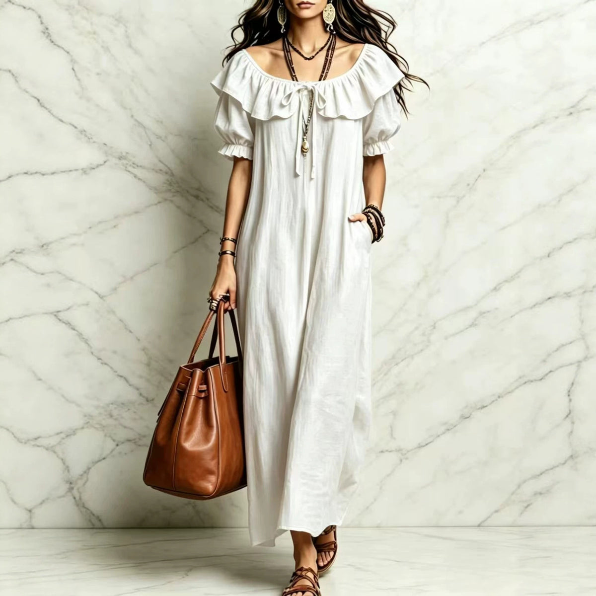 Eprolo casual elegant round neck ruffle beach vacation dress for women, lightweight and stylish with ruffle details.