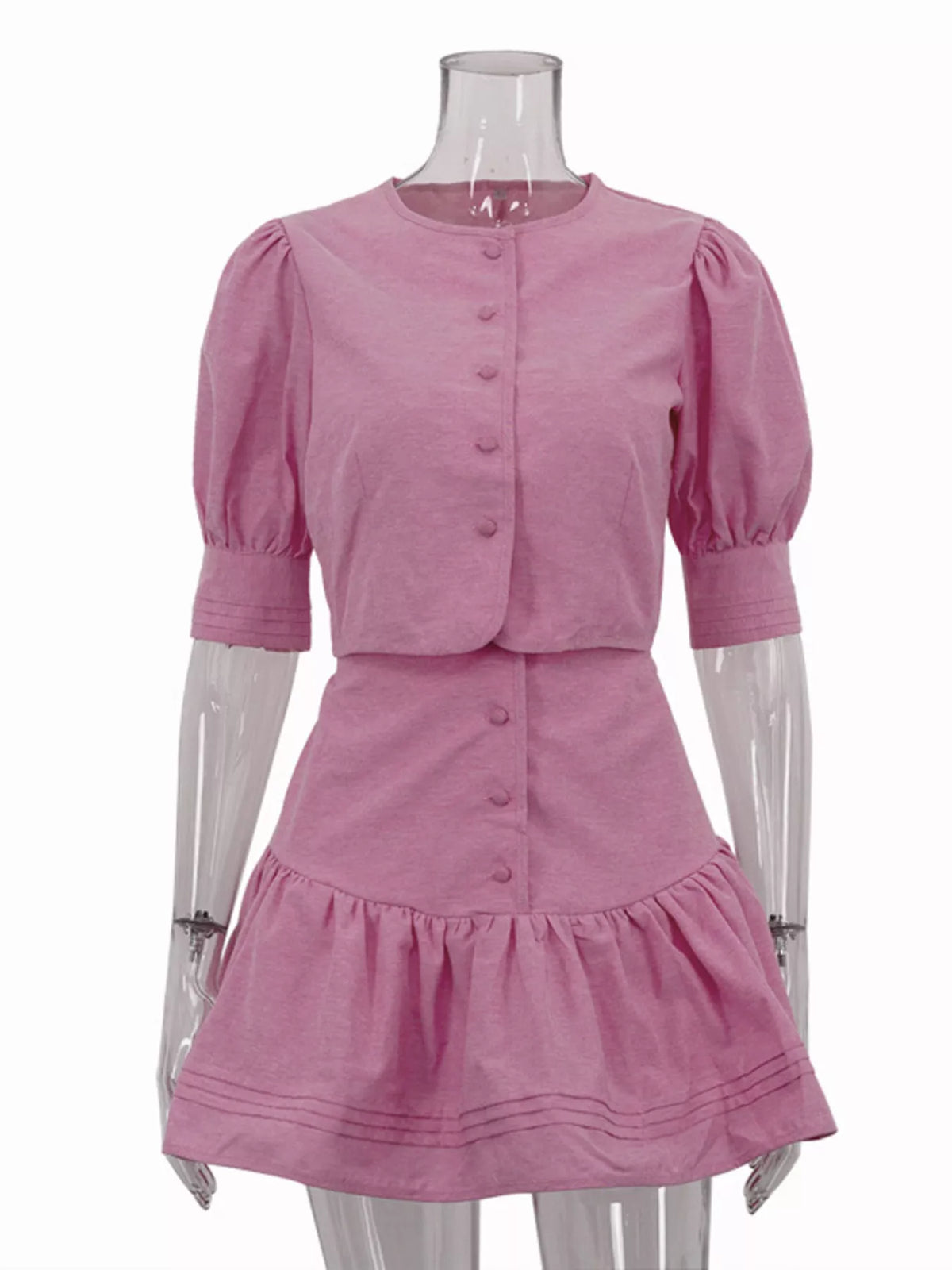 Plush Fashion Hub puff sleeve cropped top with ruffled skirt set, featuring feminine ruffle details and trendy puff sleeve design.