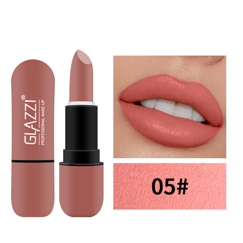 Glazzi matte pink lipstick shade 05, shown with cap, exposed bullet, and swatch on lips.
