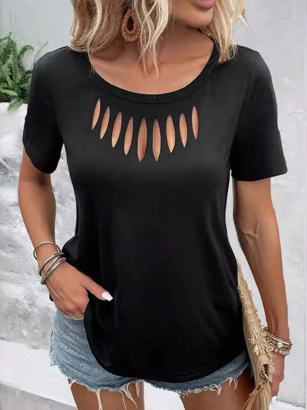 Plush Fashion Hub hollow out neckline short sleeve T-shirt, stylish casual tops with cutout detail and comfortable fit.