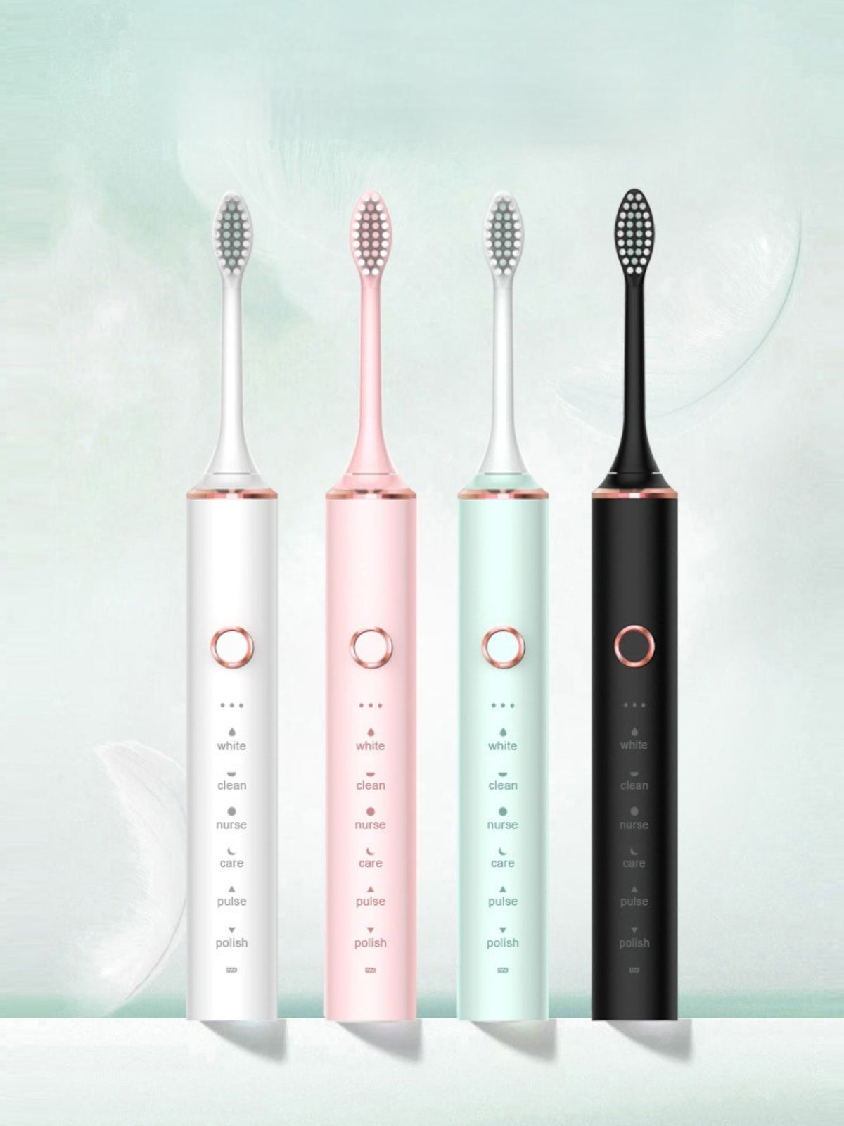 Eight-piece professional electric toothbrush set from Plush Fashion Hub with various brush heads and charging station.