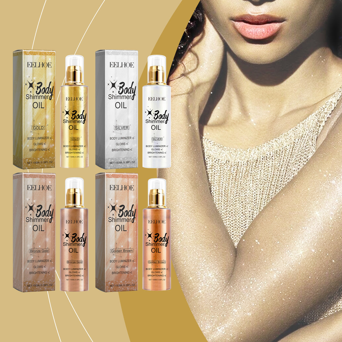 Four Eelhoe Body Shimmer Oil bottles in gold, silver, bronze, and brown with matching boxes beside a glowing model.