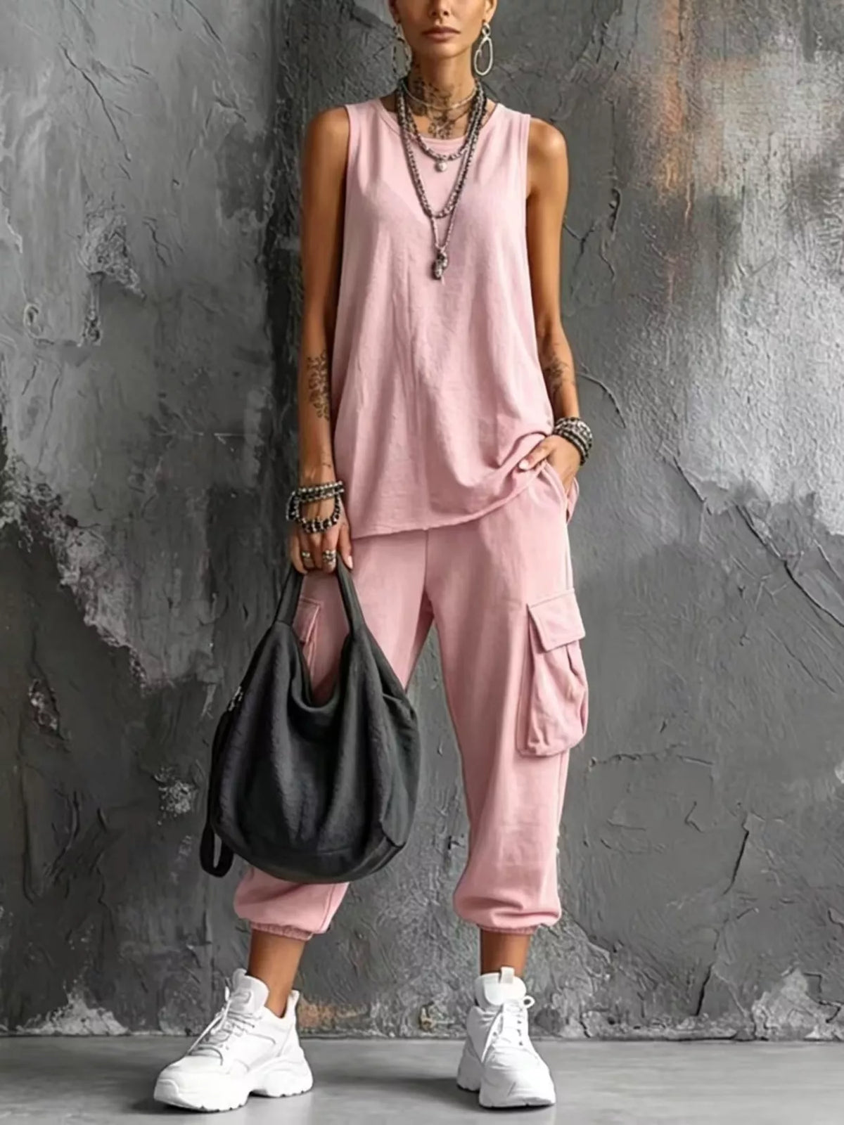 Plus size casual tank top and cargo pants set by Trendsi, featuring a comfortable, full-size outfit with relaxed fit and stylish design.
