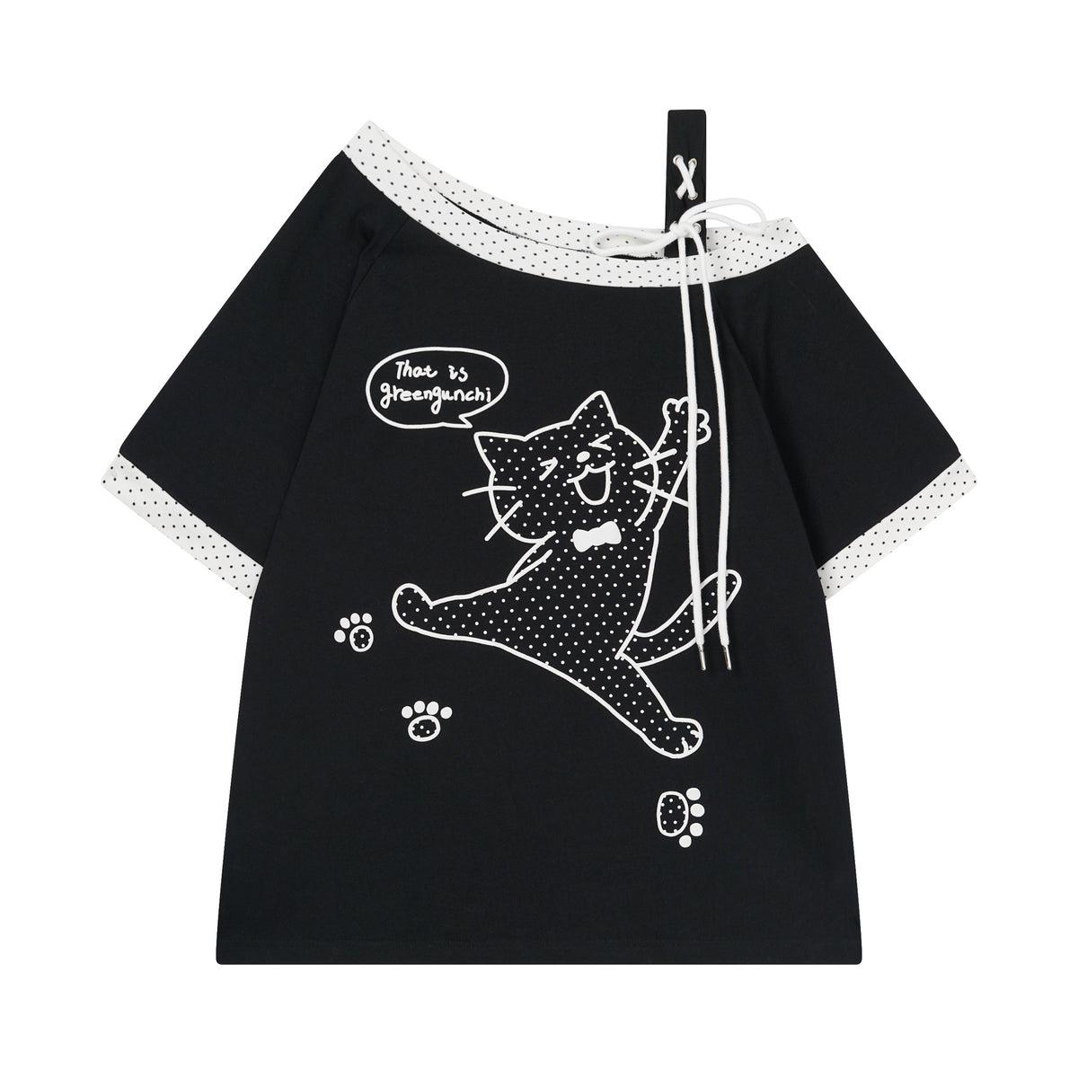 Slim fit eprolo shoulder T-shirt with polka dot splicing and drawstring, casual style, short sleeves, and a relaxed fit.
