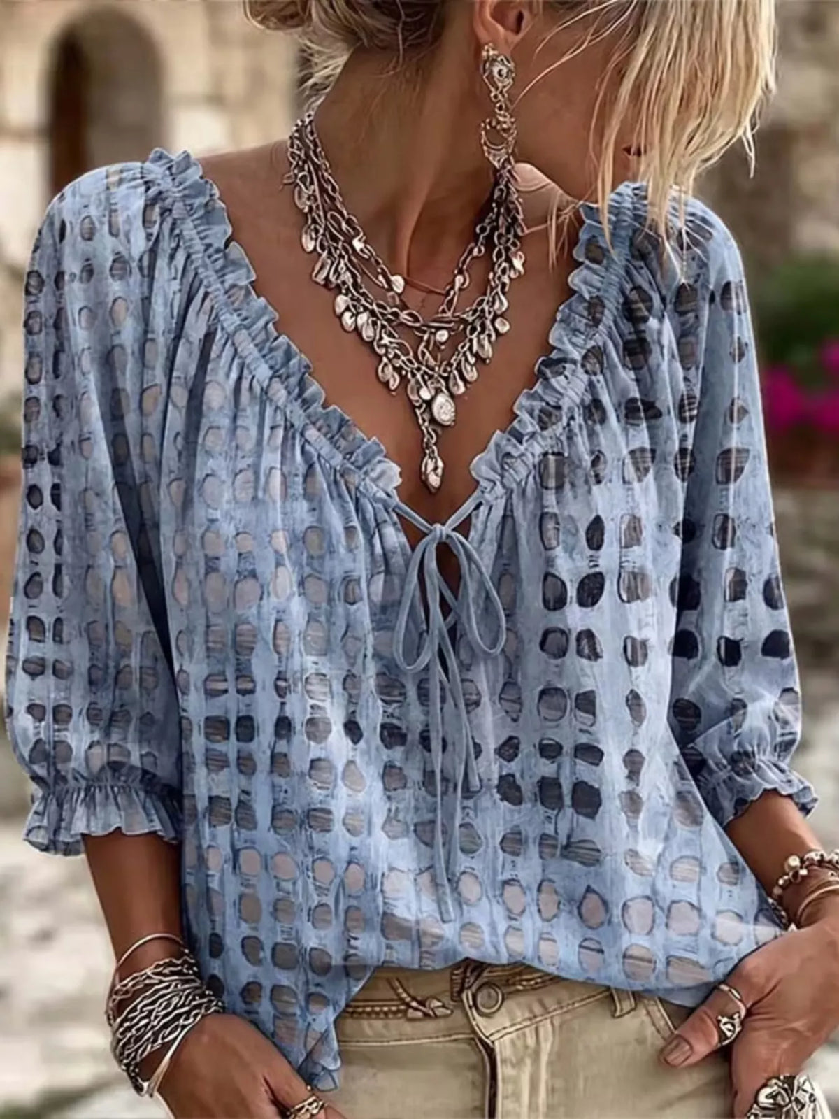 Plus size full size blouse with tie neck and 3/4 sleeves by Trendsi, featuring a stylish and comfortable design.