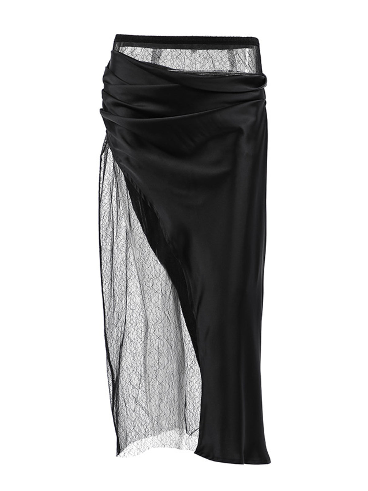 Women’s elegant lace midi skirt with sheer split detail, stylish women’s apparel by Plush Fashion Hub.