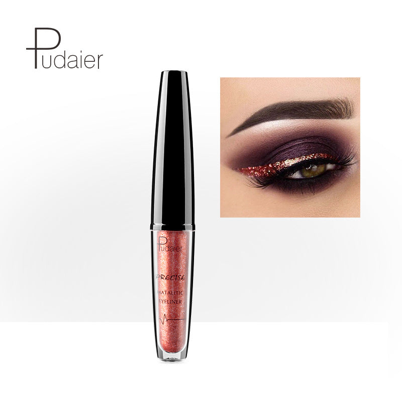 Pudaier glitter metallic eyeliner in a sleek black and clear tube, showing sparkly copper liquid inside.