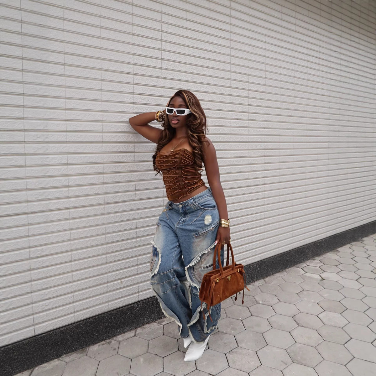 Plush Fashion Hub Wave frayed ripped edge denim jeans, showcasing distressed details and classic five-pocket design.