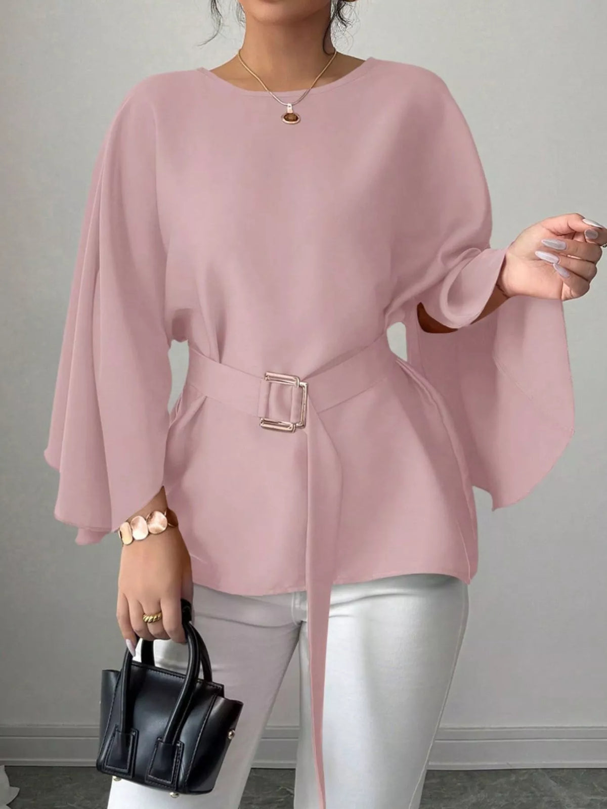 Plush Fashion Hub batwing sleeve belted blouse, stylish tops with flowy sleeves and waist belt, perfect for casual or office wear.