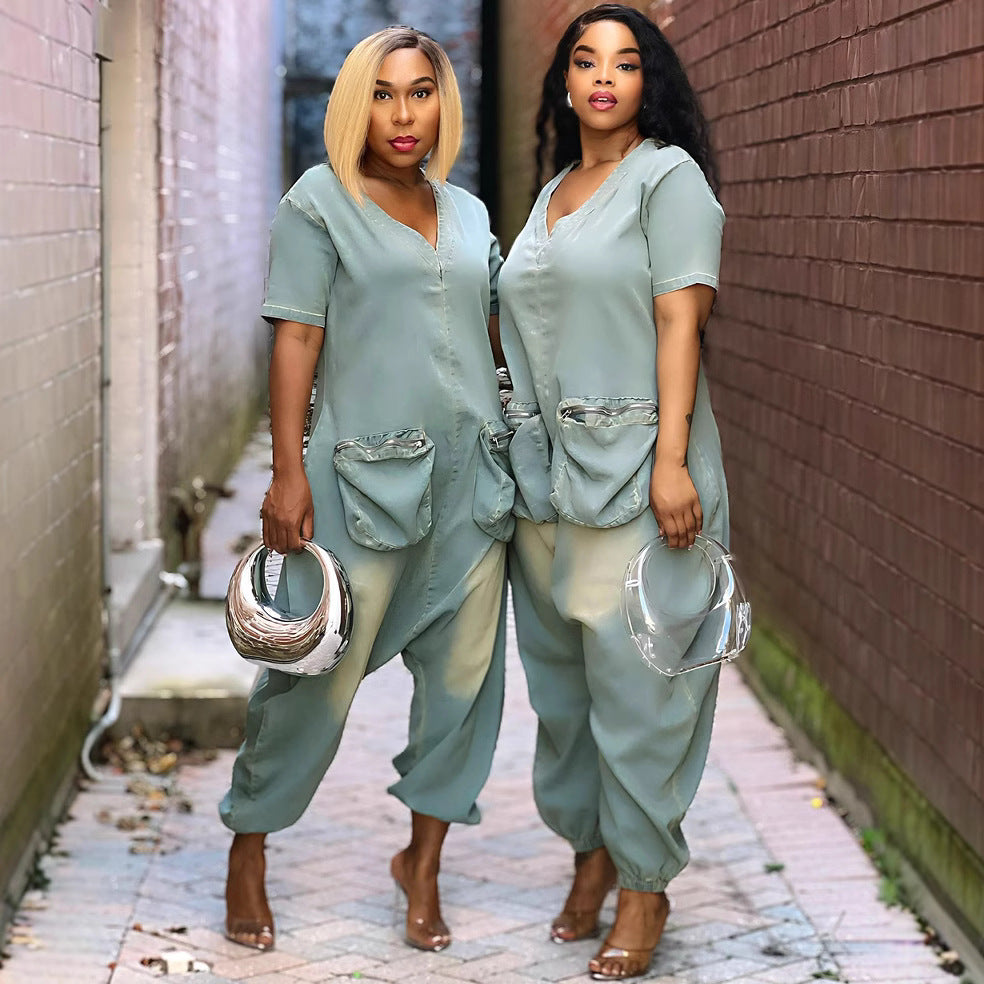 Women’s peacock blue loose fit denim overalls with pockets, washed denim style, by Plush Fashion Hub.