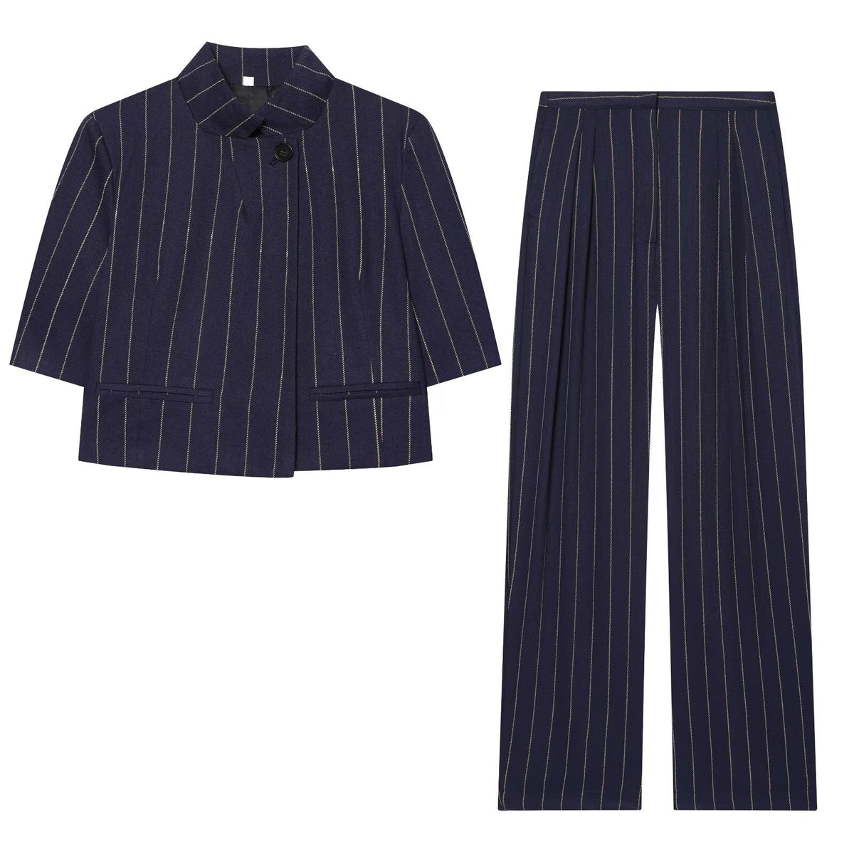 Linen striped jacket and pants suit set by Plush Fashion Hub, featuring a stylish tailored design and comfortable fit.