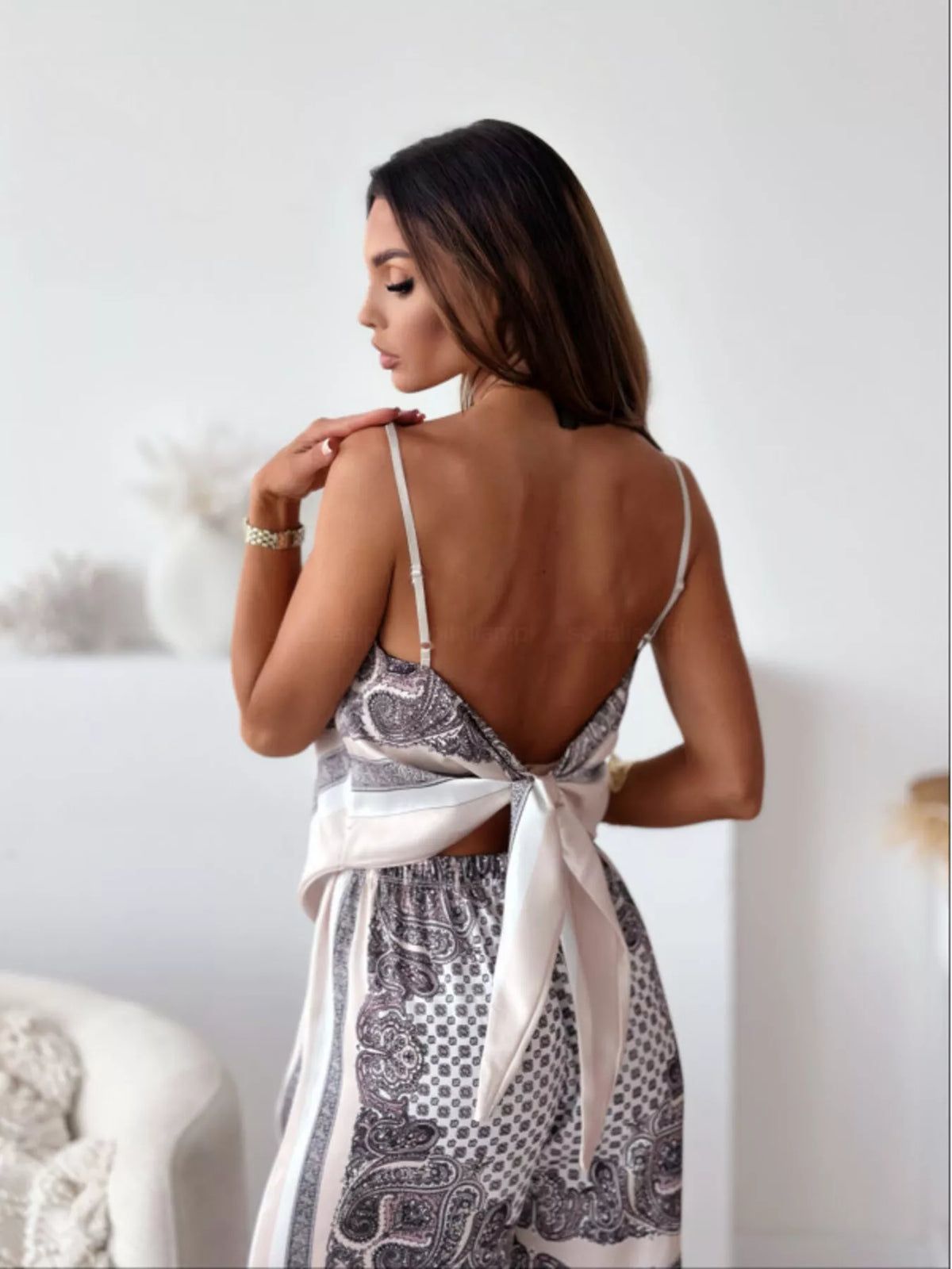 Printed cami and wide-leg pants loungewear set by Plush Fashion Hub, featuring a comfortable cami top and relaxed fit wide-leg pants.