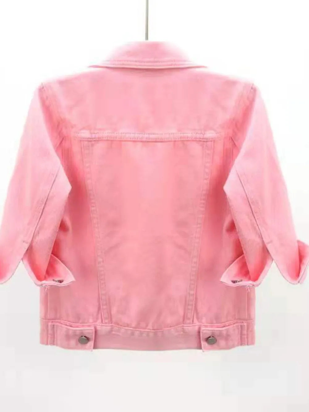 Plus size full-length cropped denim jacket from Trendsi, featuring classic blue denim fabric and stylish cropped design.