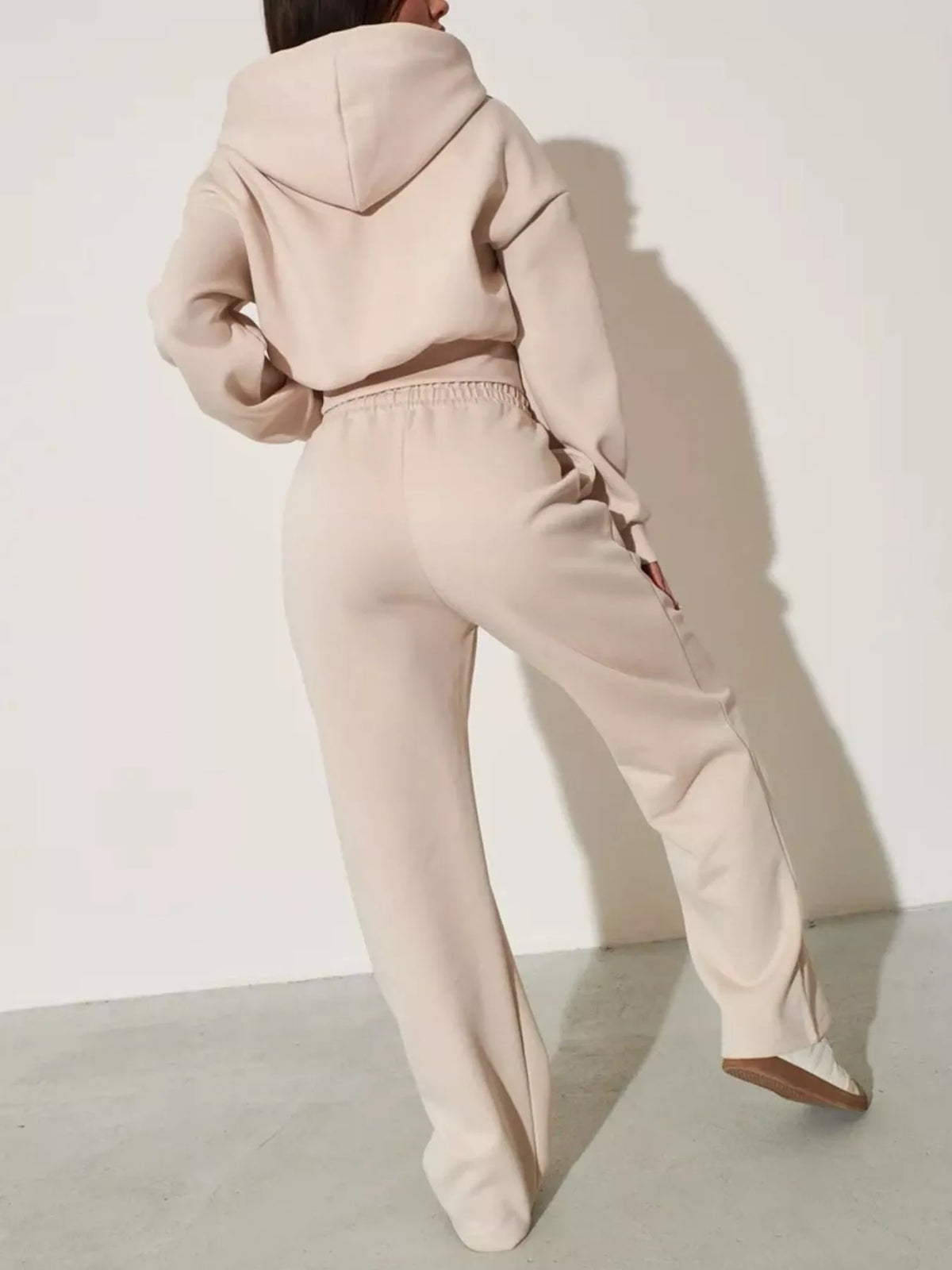 Plush Fashion Hub zip-up hoodie and wide-leg pants loungewear set, comfortable casual wear, soft fabric, relaxed fit.