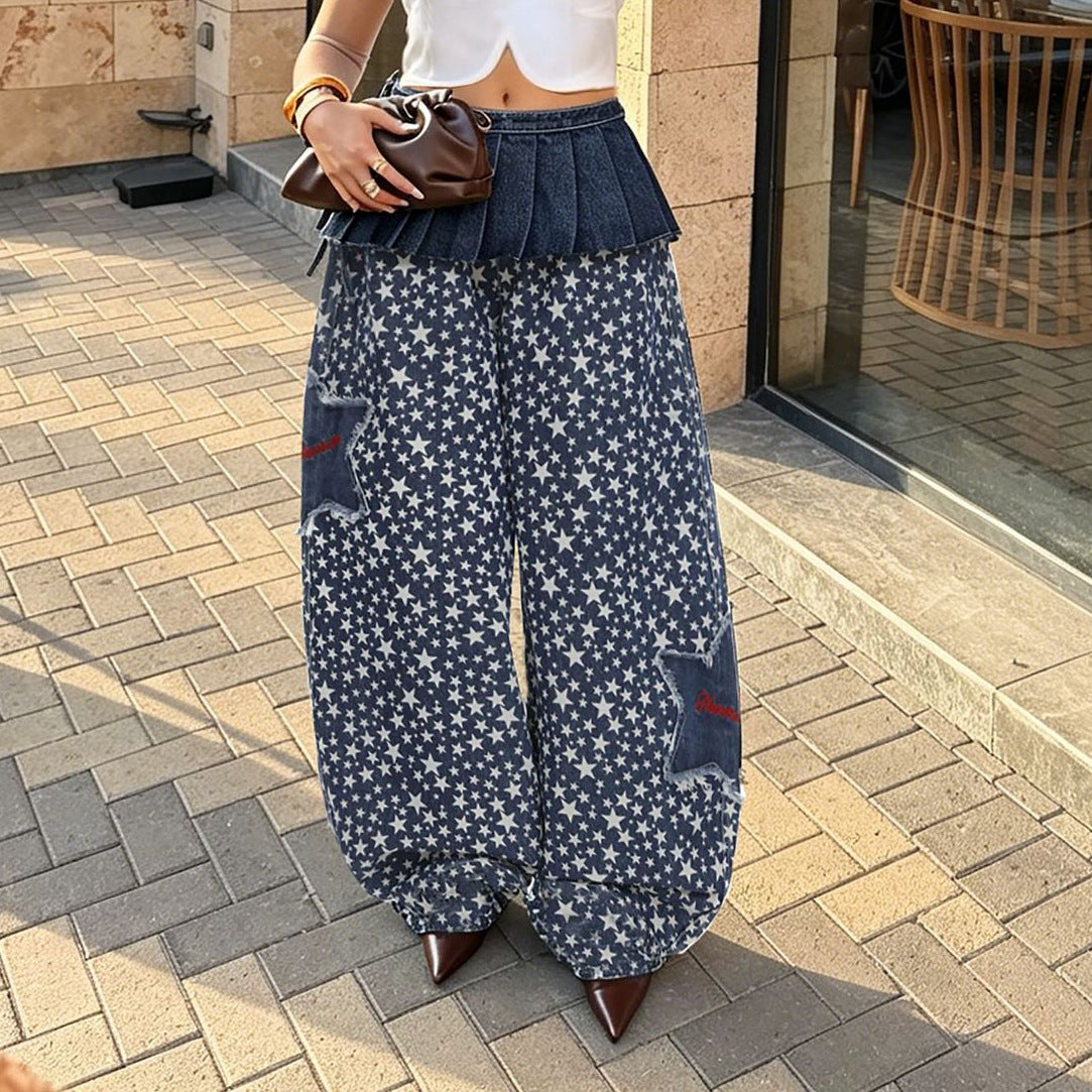 Layered denim pants by eprolo featuring a removable waist belt and star patchwork design, shown with stylish detailing.