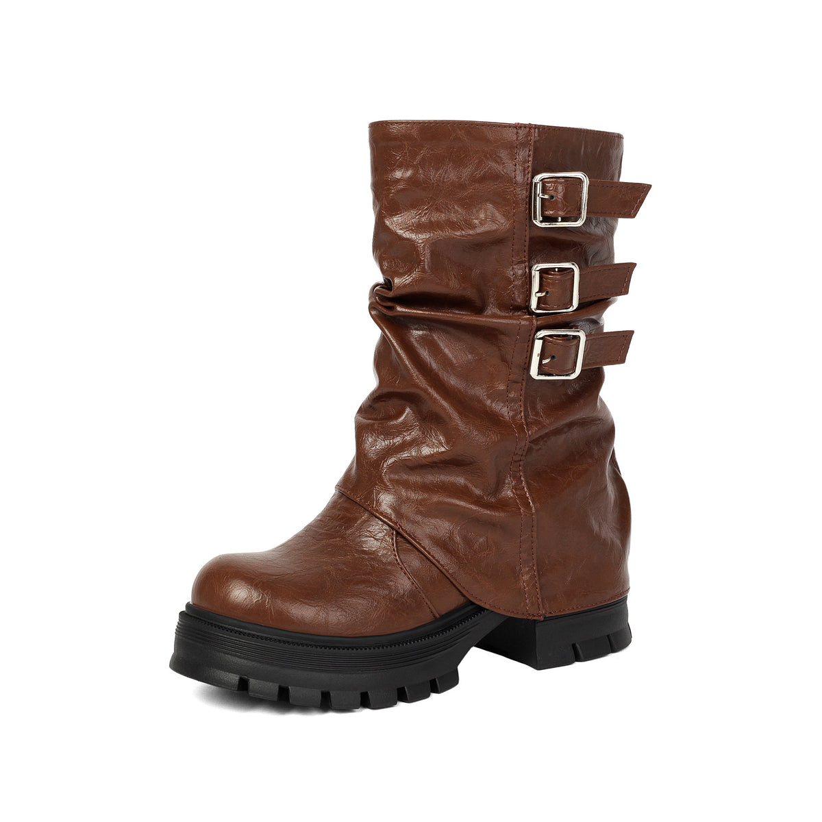 Brown slouchy faux leather mid-calf boot with three side buckle straps and a thick black lug sole.