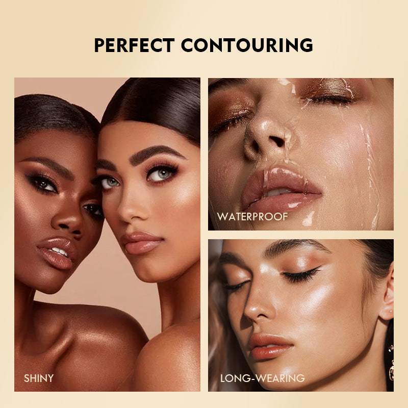 Contouring and highlighting makeup applied on three women with glossy finish, waterproof, and long-wearing features.