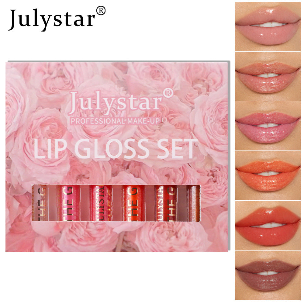 Julystar lip gloss set in pink box with rose pattern, showing six glossy lip colors applied on lips.