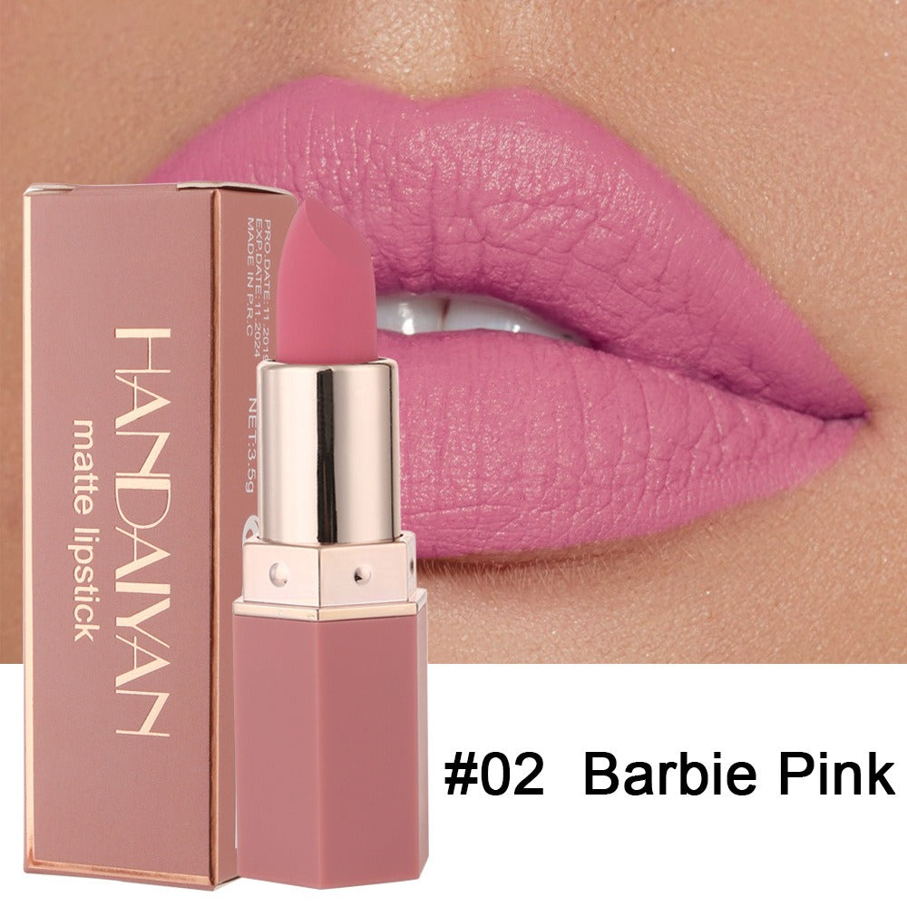 Handaiyan matte lipstick in #02 Barbie Pink, showing the pink lipstick bullet and packaging against pink lips.