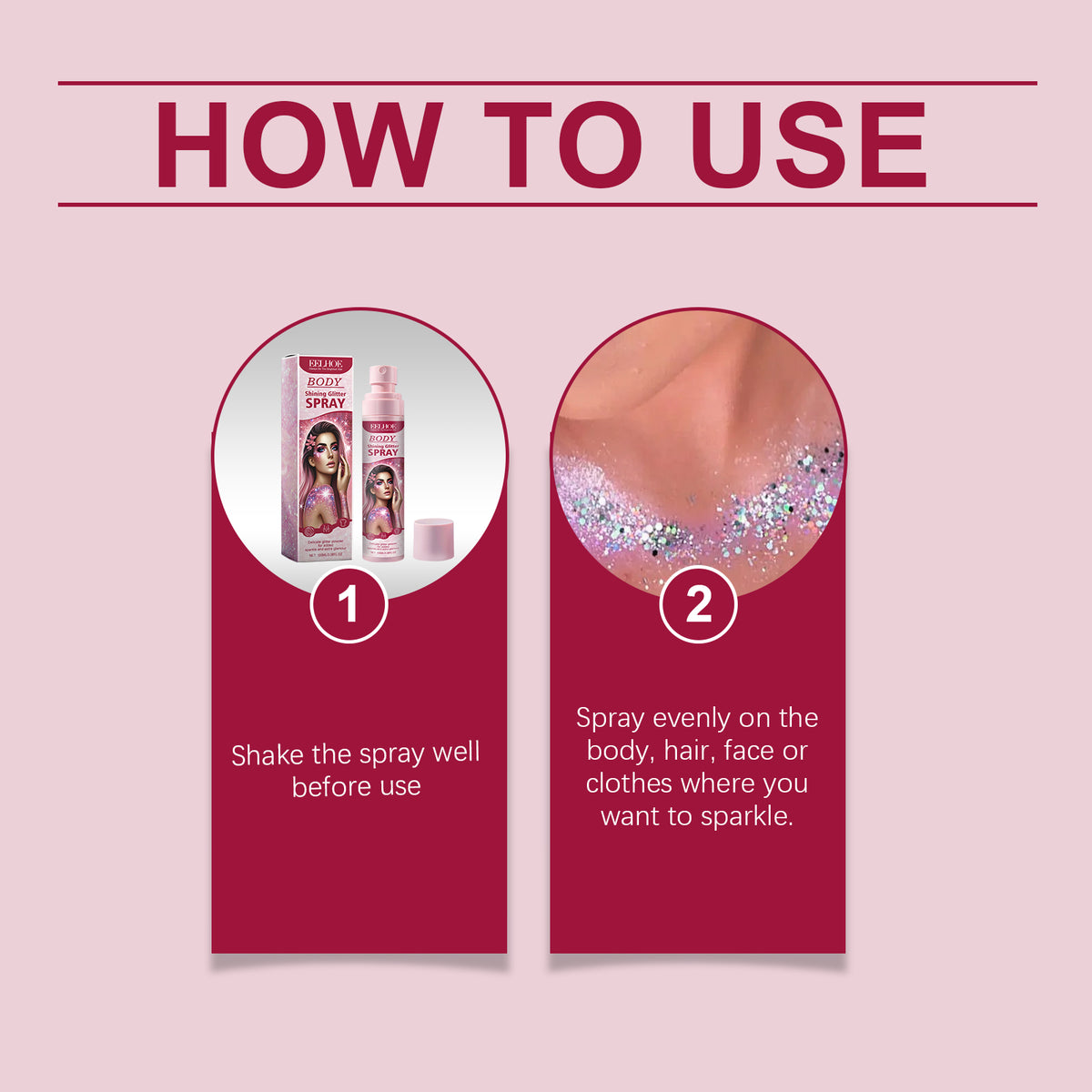 Pink Fেলhoe body glitter spray bottle with packaging box and instructions to shake well and spray evenly.
