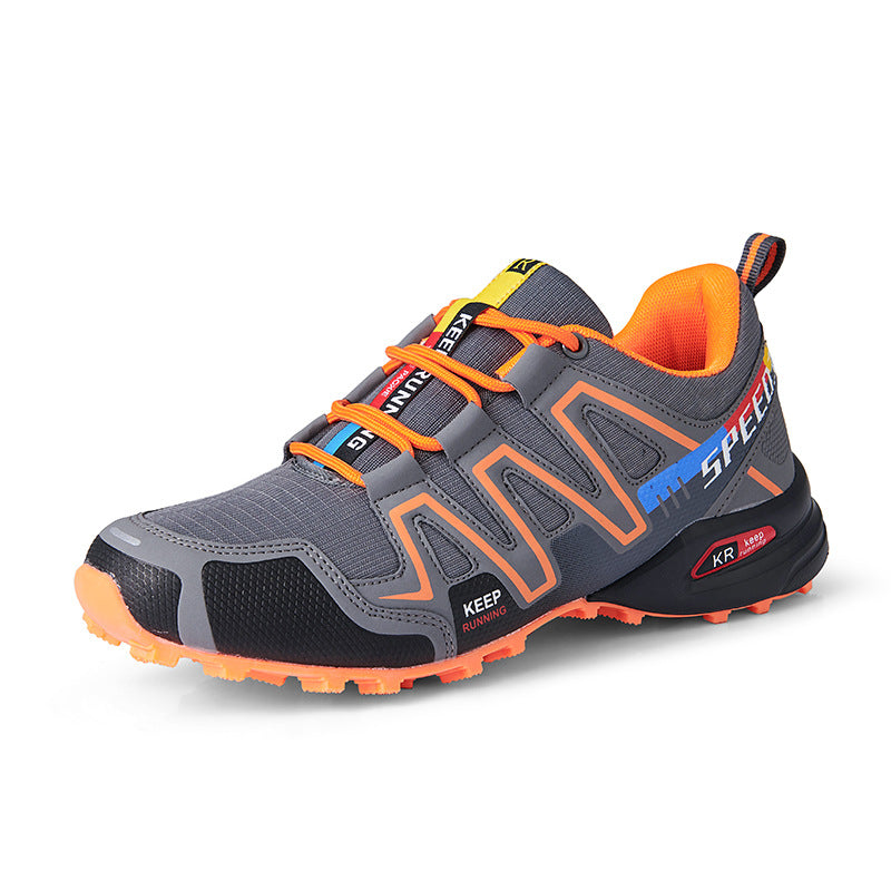 Pair of Plush Fashion Hub outdoor breathable hiking and trail running sneakers for men and women in large sizes, showing mesh upper and rugged sole.
