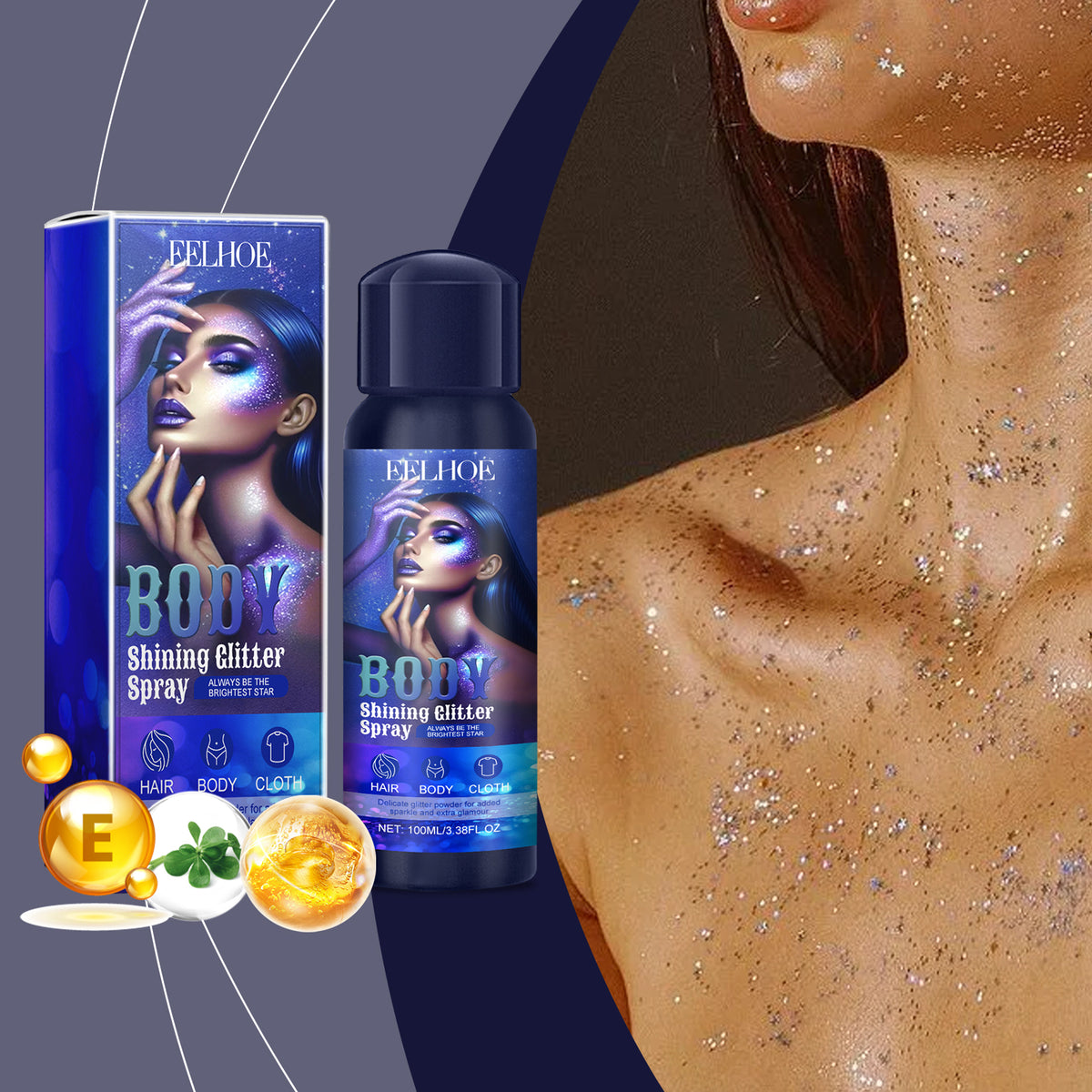 Blue bottle of Eelhoe body glitter spray with box, featuring a woman with star-shaped body glitter.