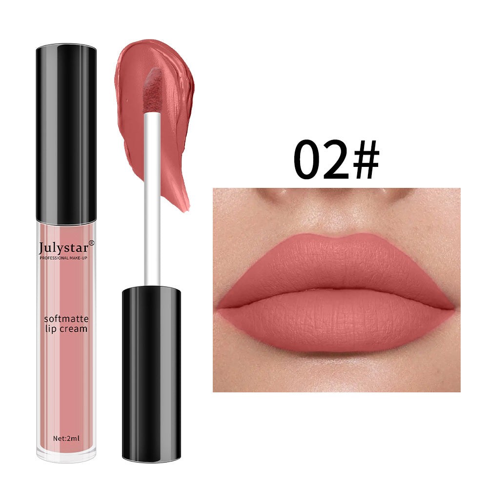 Julystar soft matte lip cream in shade 02, featuring a pink liquid lipstick, wand applicator, swatch, and lip wear.
