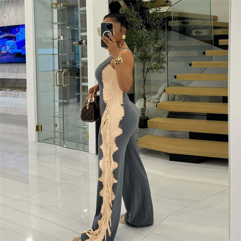 Plush Fashion Hub sleeveless tassel jumpsuit, stylish playsuit with tassel details, lightweight and comfortable for casual wear.