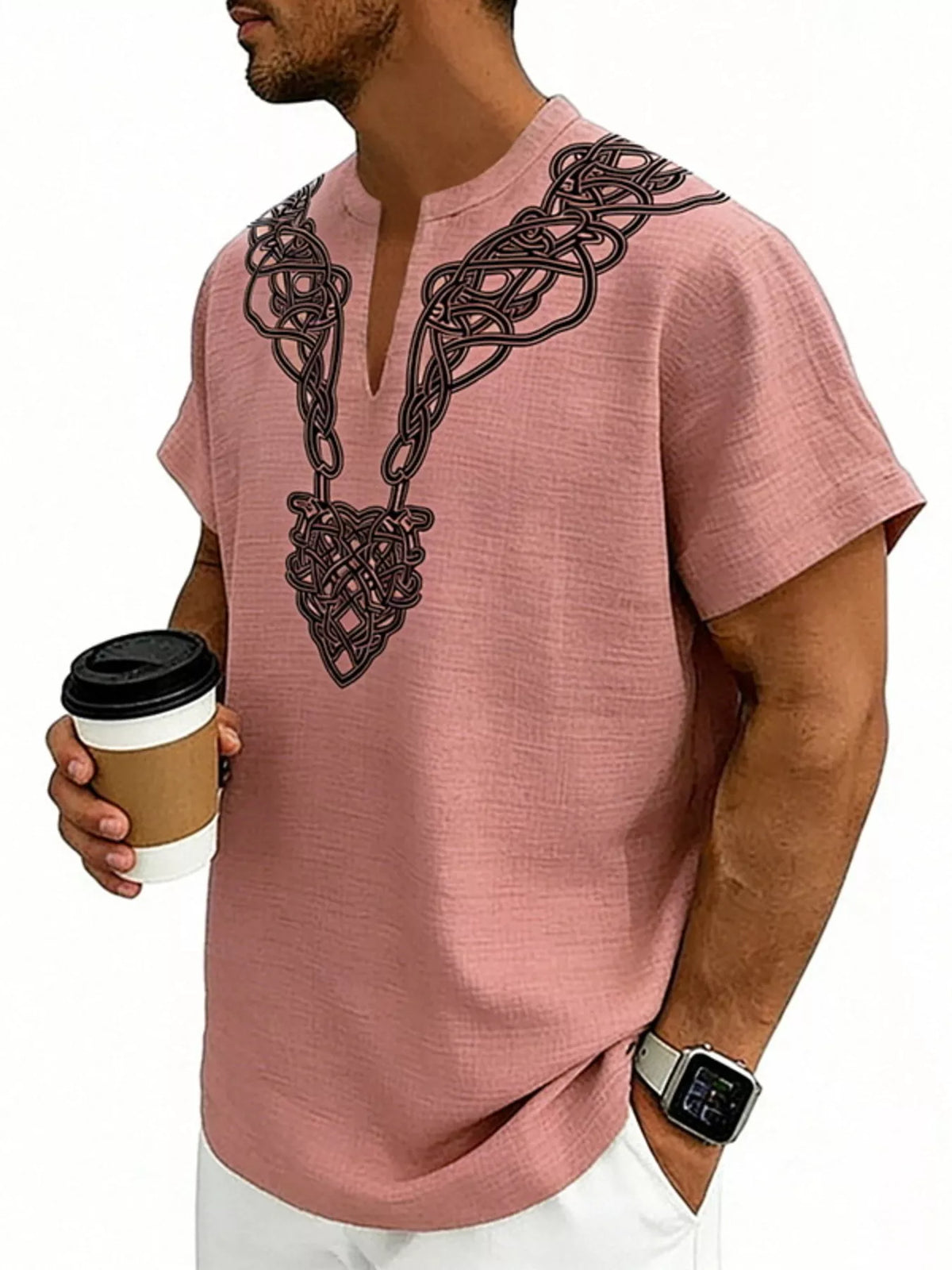 Men's plus size printed short sleeve blouse with notched collar from Plush Fashion Hub, featuring a stylish pattern and comfortable fit.