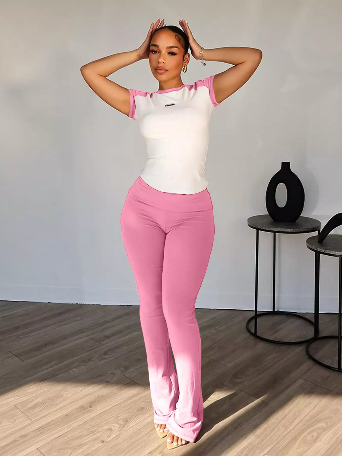 Plush Fashion Hub contrast short sleeve tee and pants loungewear set, featuring a casual fit and comfortable fabric.