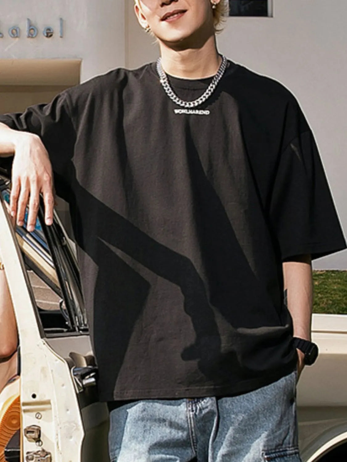 Men's black round neck T-shirt with letter back design, half sleeves, casual style by Trendsi