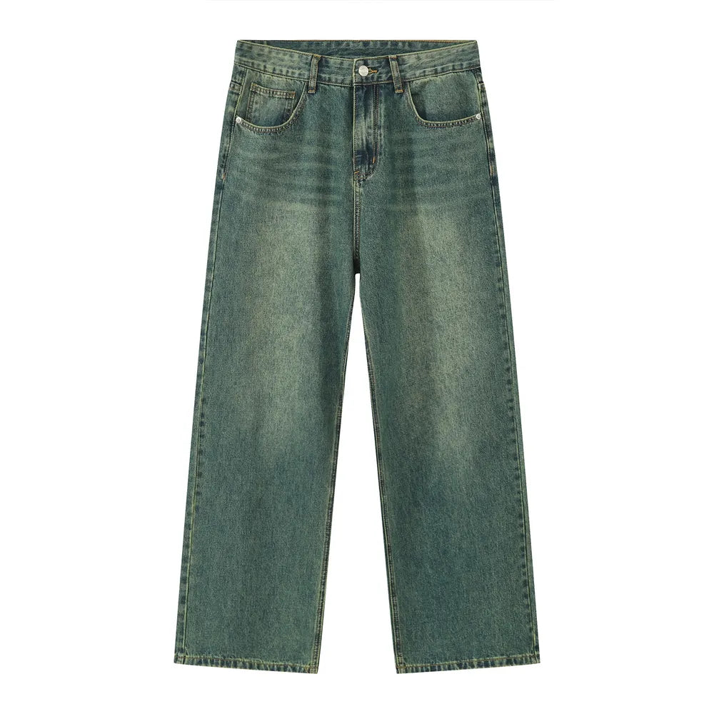Plush Fashion Hub pocketed baggy denim jeans with relaxed fit and classic blue wash, displayed on a neutral background.