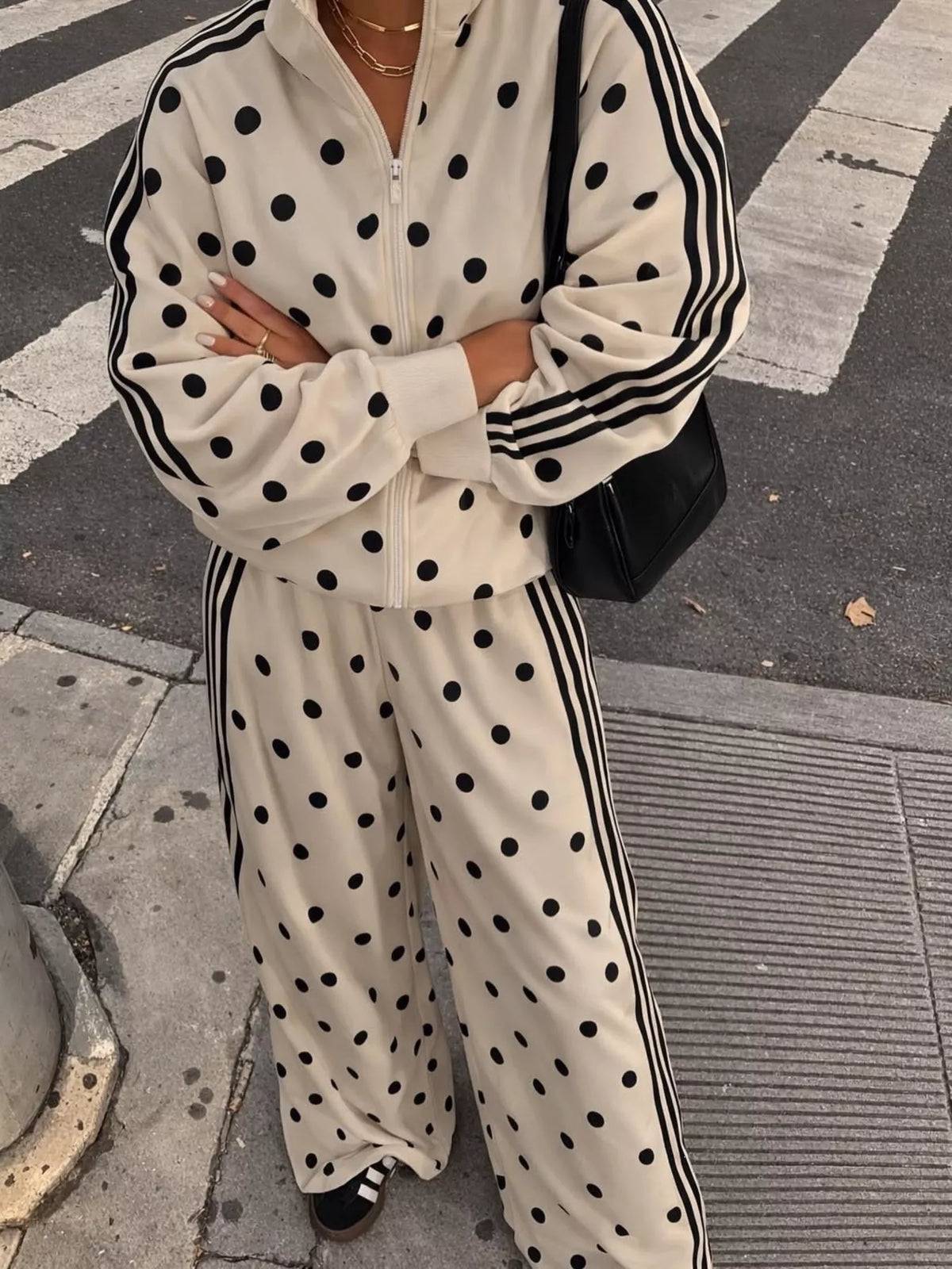 Plush Fashion Hub polka dot zip-up outerwear and pants matching set, featuring a stylish polka dot pattern and comfortable fit.