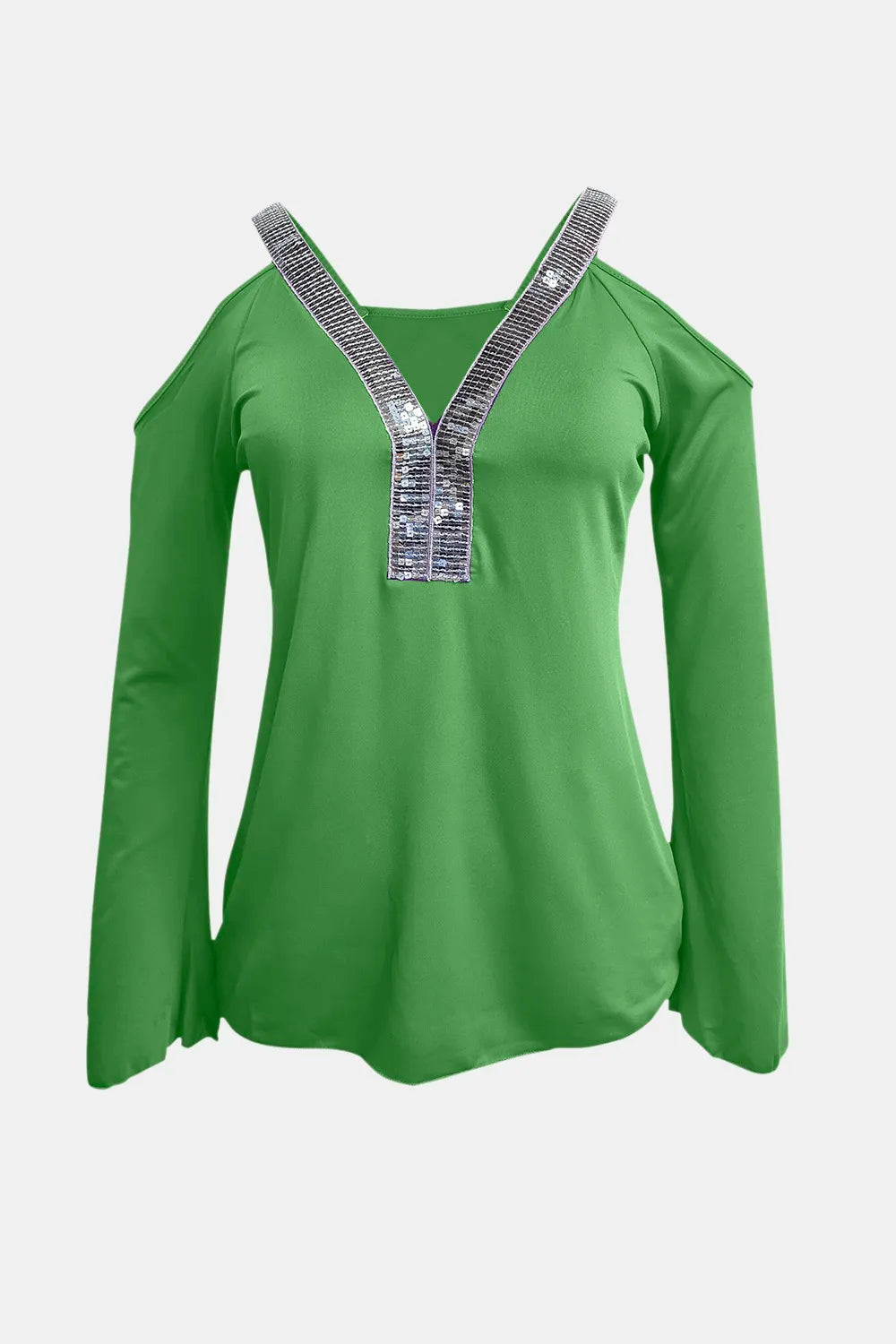 Plush Fashion Hub sequin V-neck cold shoulder top, stylish and shiny with long sleeves and cold shoulder cutouts, perfect for dressing up.