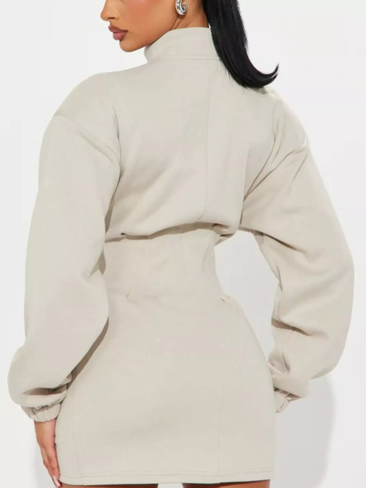 Casual zip-up long sleeve mini dress from Trendsi featuring a relaxed fit and stylish design, perfect for everyday wear.