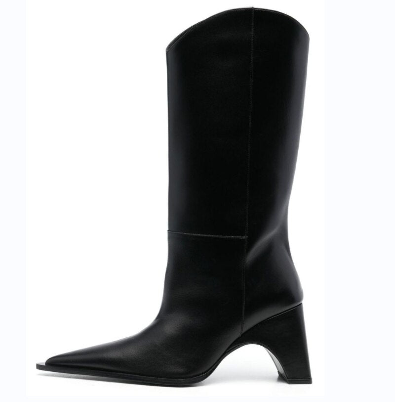 Black leather knee-high boot with a pointed toe and flared block heel.
