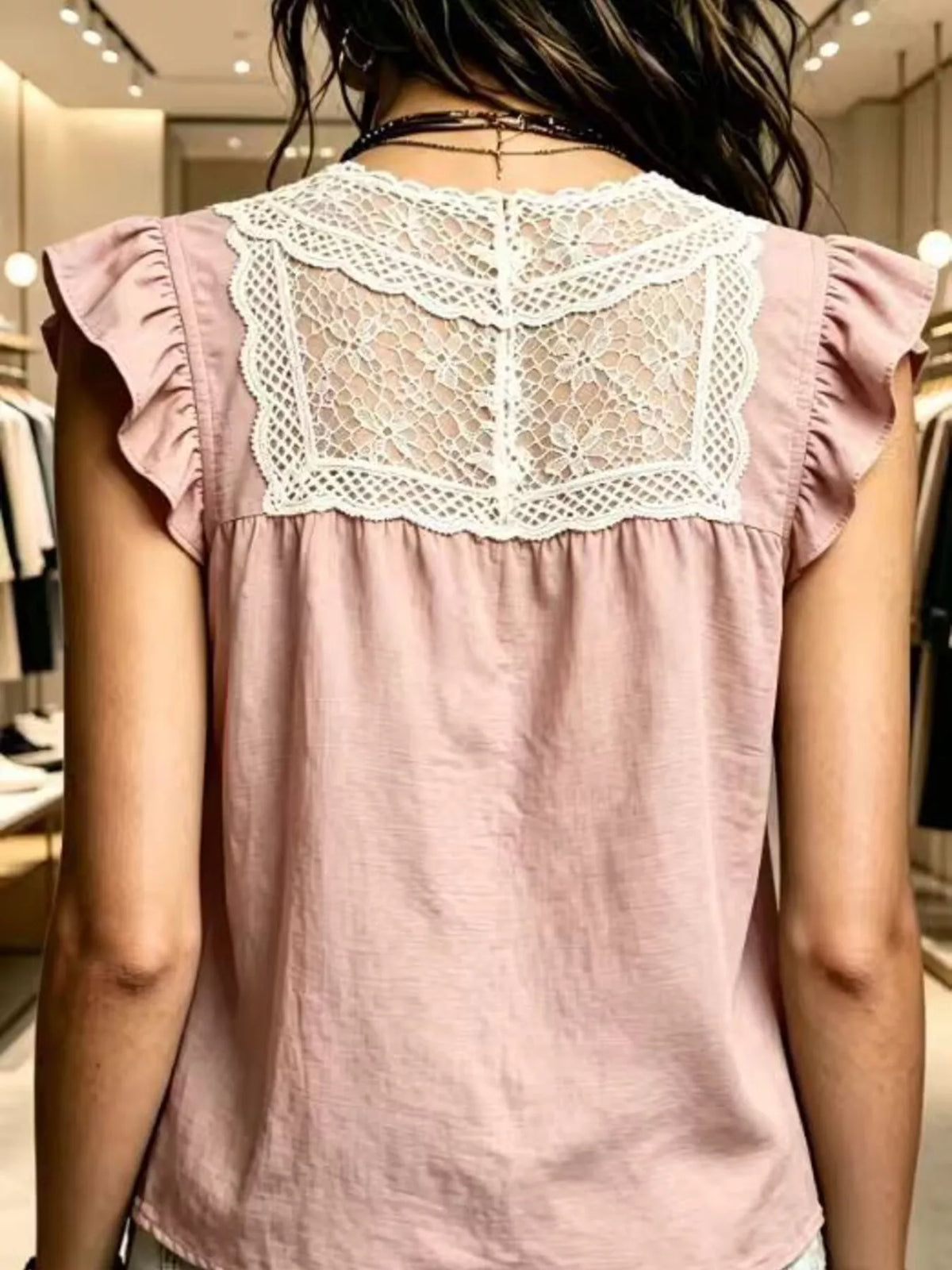 Plus size full lace trim ruffle sleeve short sleeve blouse by Trendsi, featuring lace details and feminine ruffle accents.