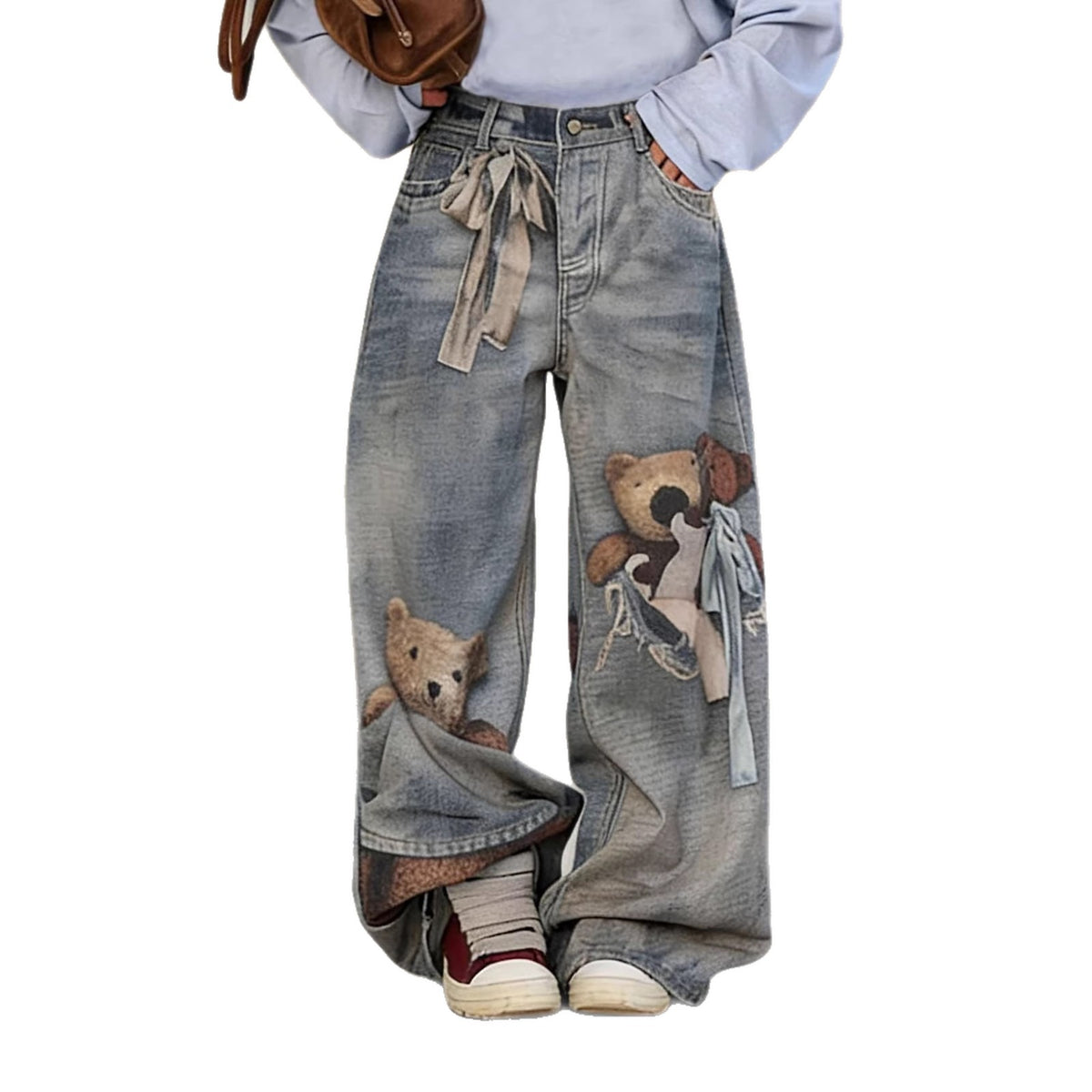 Plush Fashion Hub Bear Bow 3D optical illusion print jeans showing realistic bear and bow design on stylish pants.